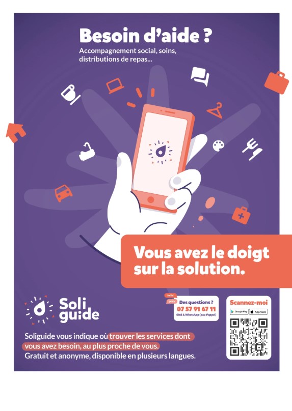 Soliguide est une plateforme numérique gratuite qui recense et cartographie les ressources et services utiles pour les personnes en situation de précarité ou d’exclusion, mais aussi pour les professionnels et bénévoles qui les accompagnent.